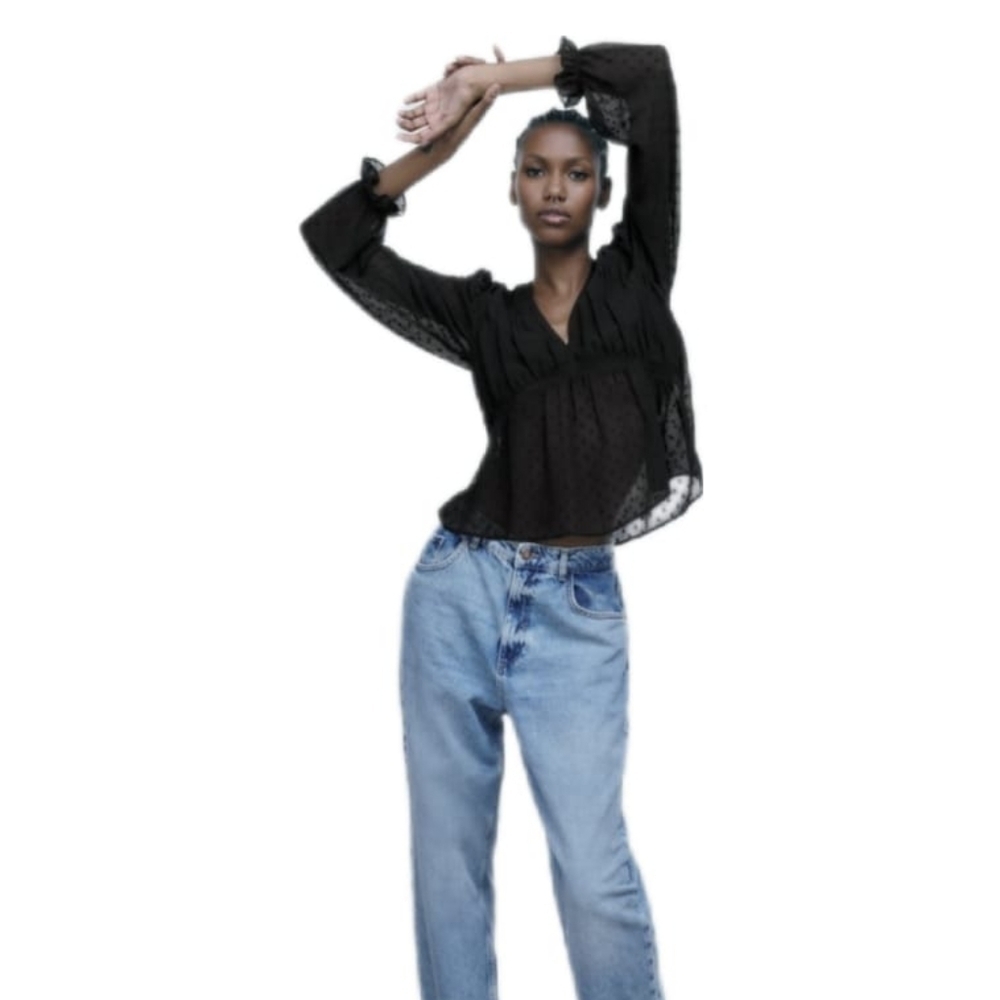 ZARA PLUMETIS BLOUSE WITH LACE TRIM BLACK | 7200/239 SIZE M